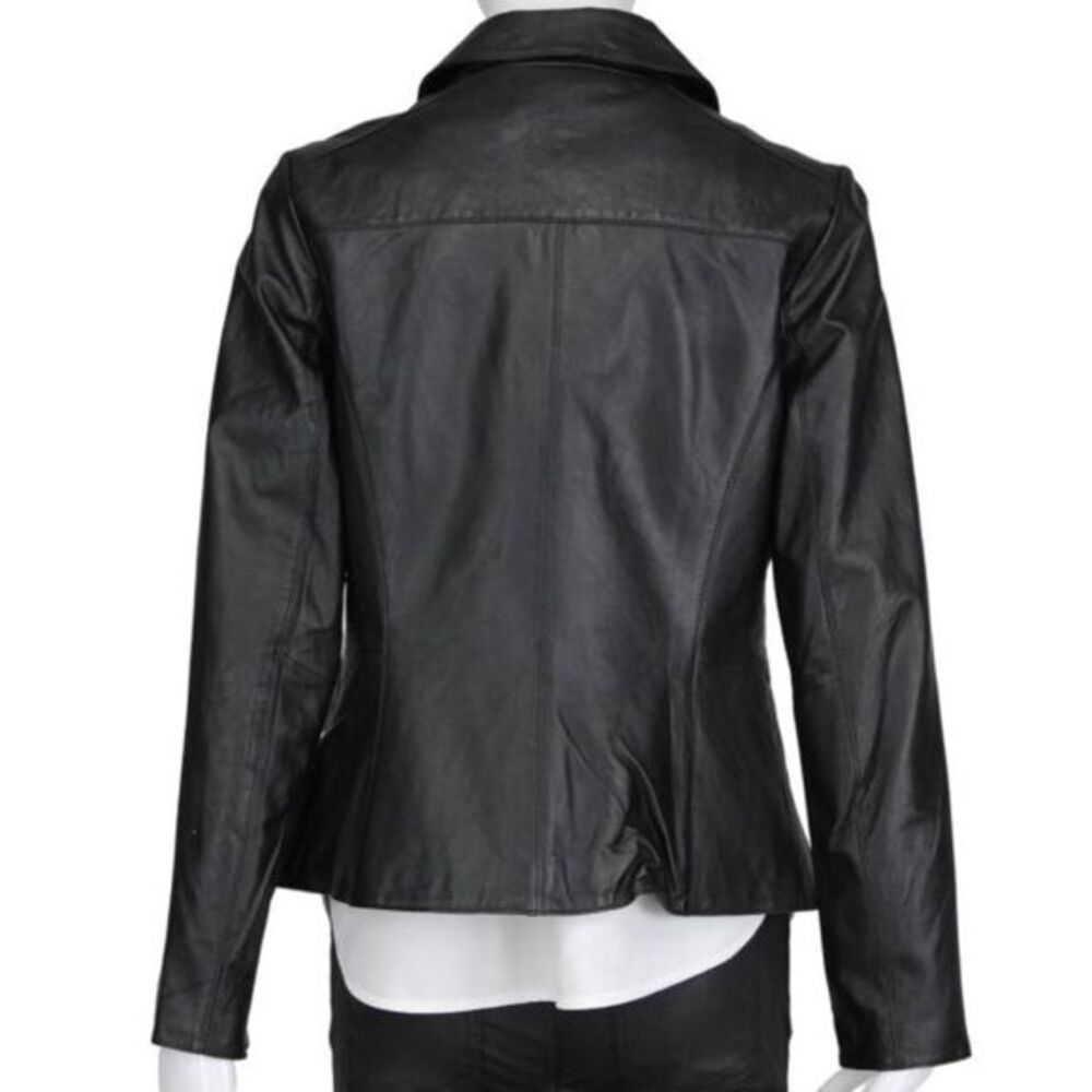 BirryShop‎ Black Genuine Leather Blazer Collar One Button Front Pockets Women’s - Picture 3 of 14